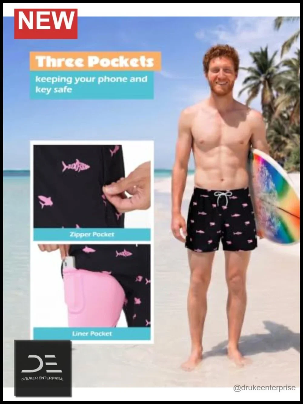Men's Swim Trunks 2 in 1 with 4